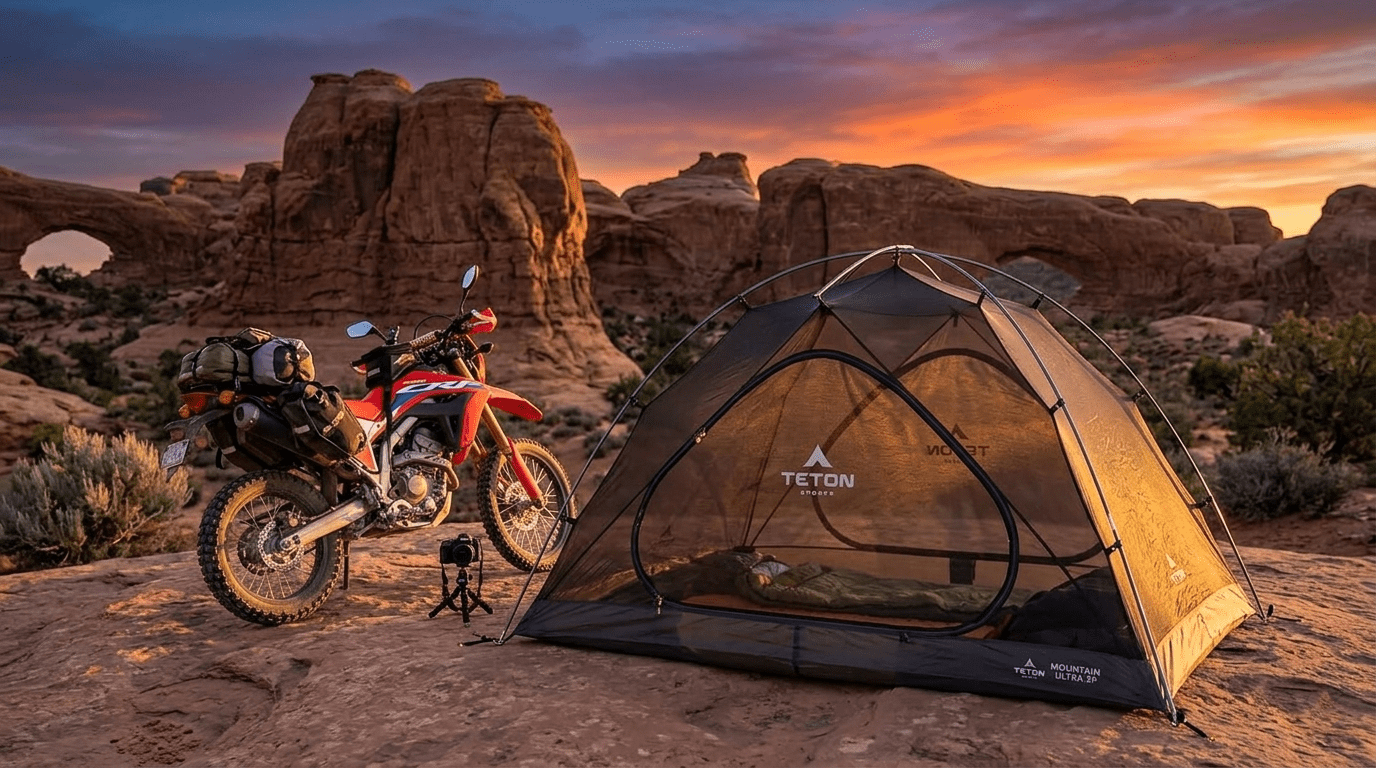 TETON Sports Mountain Ultra 2 tent pitched on a red-rock plateau in Moab, Utah, at sunset