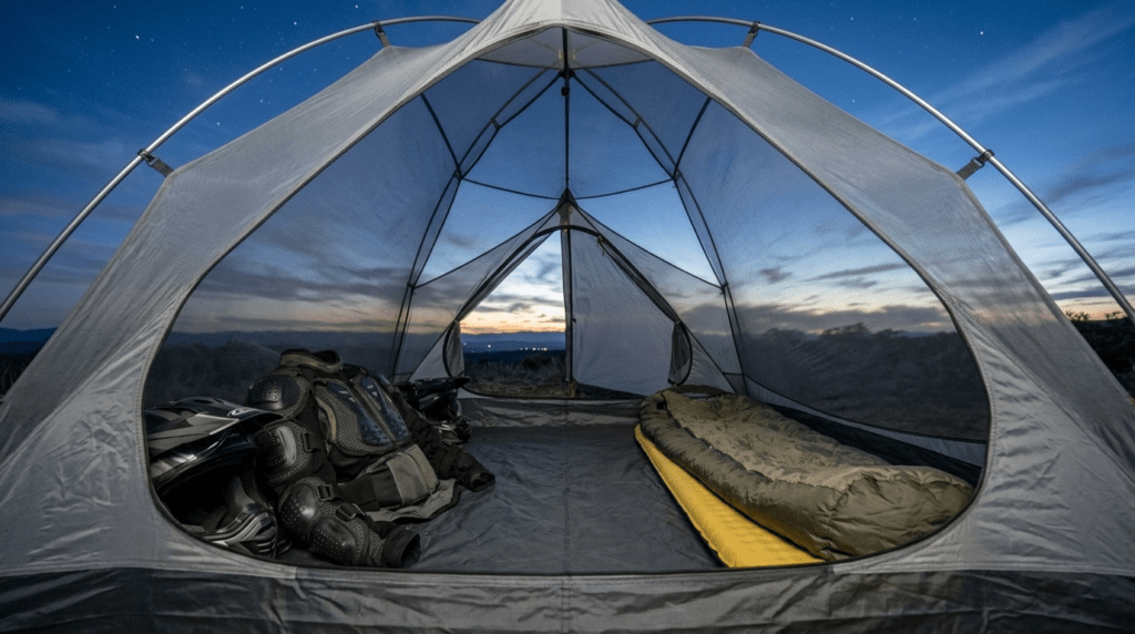Interior view of TETON Sports Mountain Ultra 2 showing motorcycle gear and spacious full-mesh walls.
