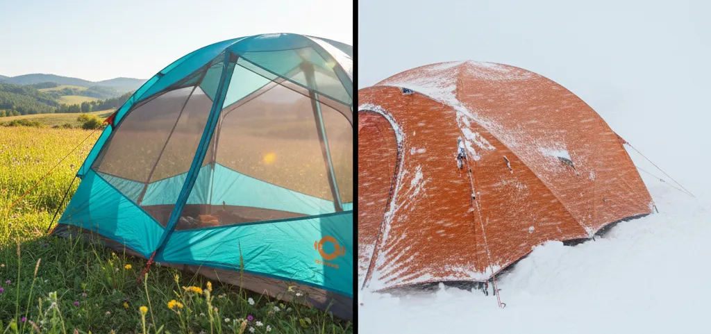Split screen showing 3 season vs 4 season tent comparison, a summer camping tent in a meadow versus a winter mountaineering tent in the snow.