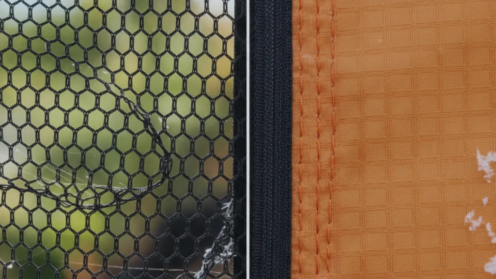 Close up comparison of 3 season vs 4 season tent insect mesh vs solid nylon wall fabric.