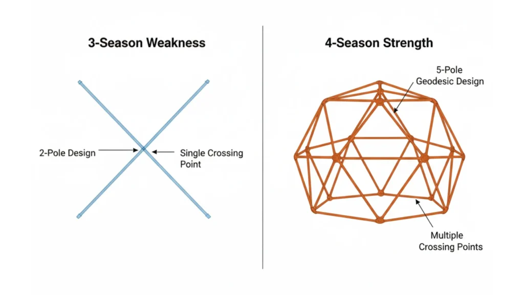 Illustration comparing weak 2 pole tent structures against strong geodesic pole structures.