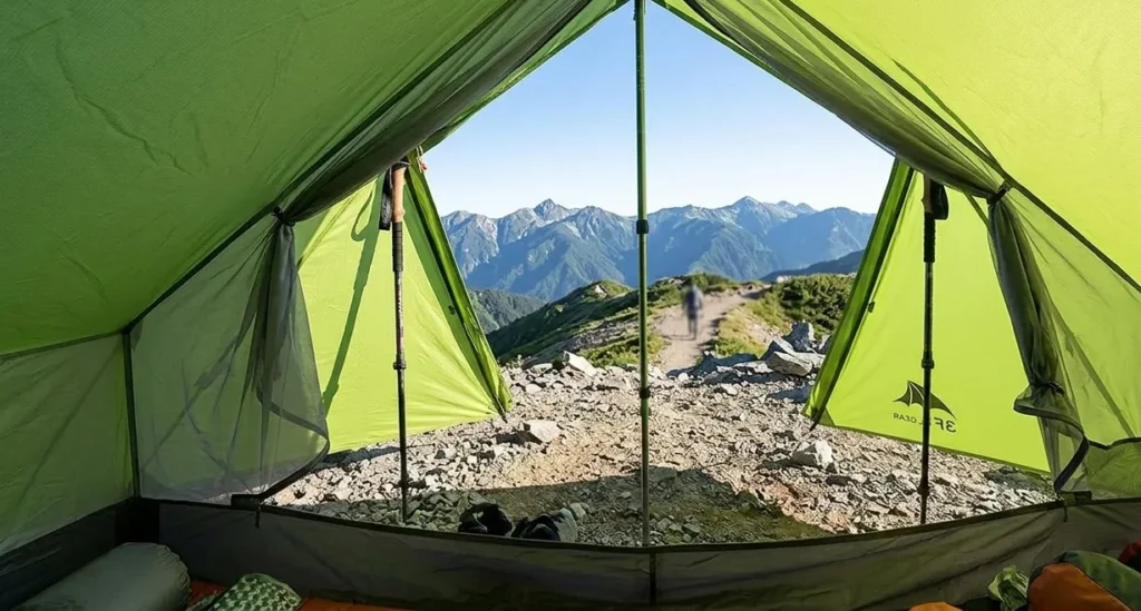The interior floor plan and vestibule storage of a 3F UL Gear Lanshan 2 tent.