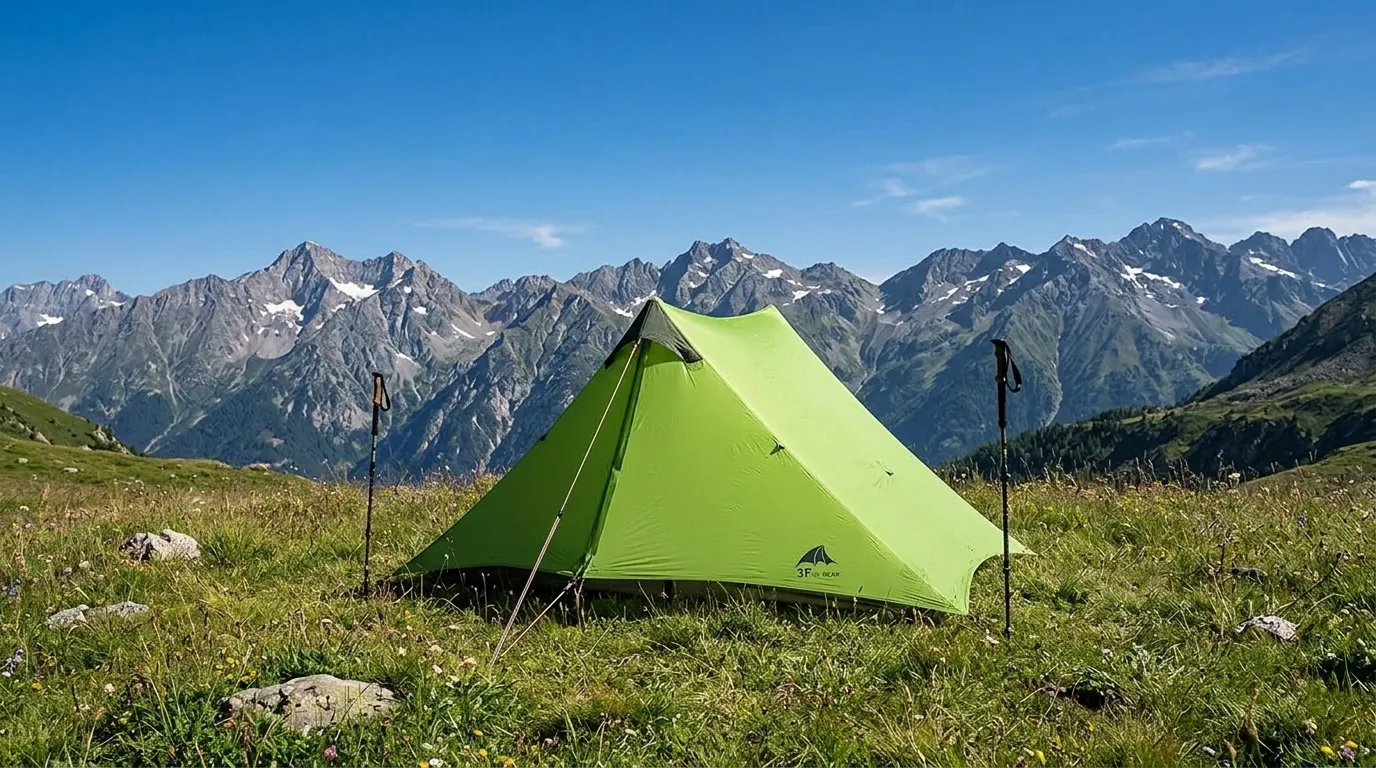 A 3F UL Gear Lanshan 2 trekking pole tent set up in a scenic mountain valley.