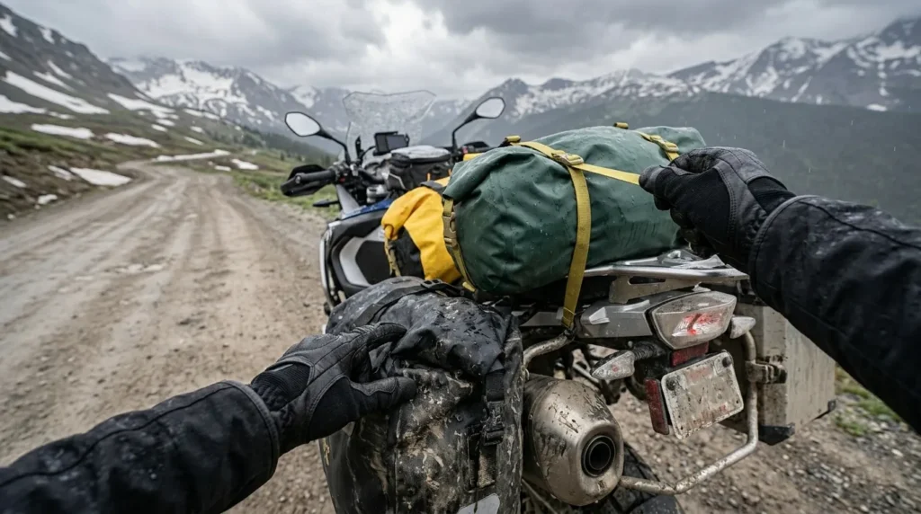 A rider performing a final safety walk-around and gear tension check on a loaded motorcycle before a camping trip.