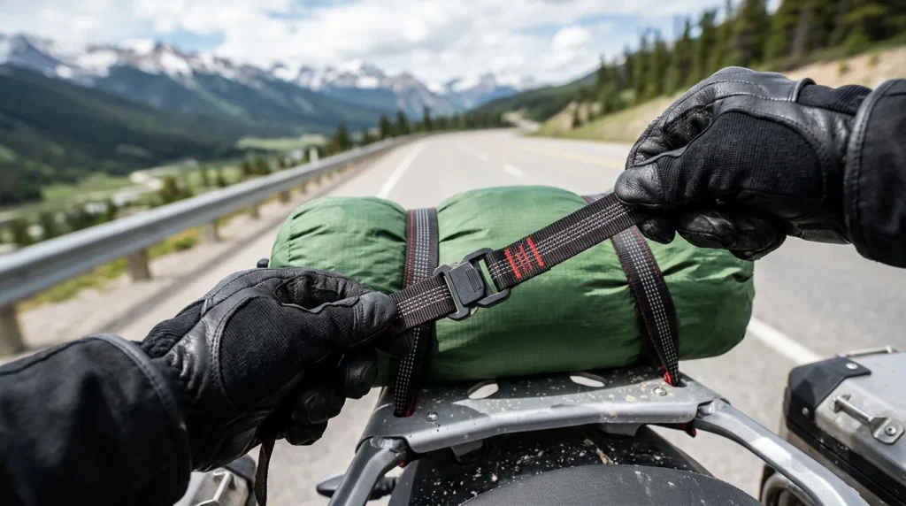 A motorcycle rider using Rok Straps to safely secure a tent to the rear luggage rack for a camping trip.