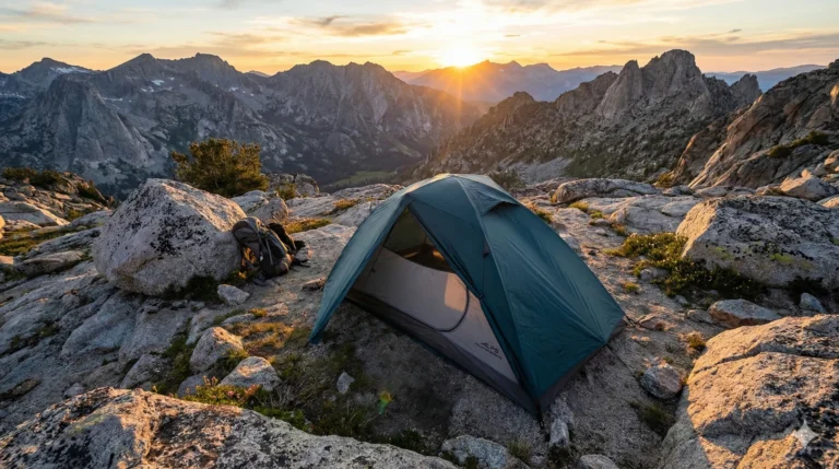 ALPS Mountaineering Lynx 1 tent pitched on a mountain at sunset.