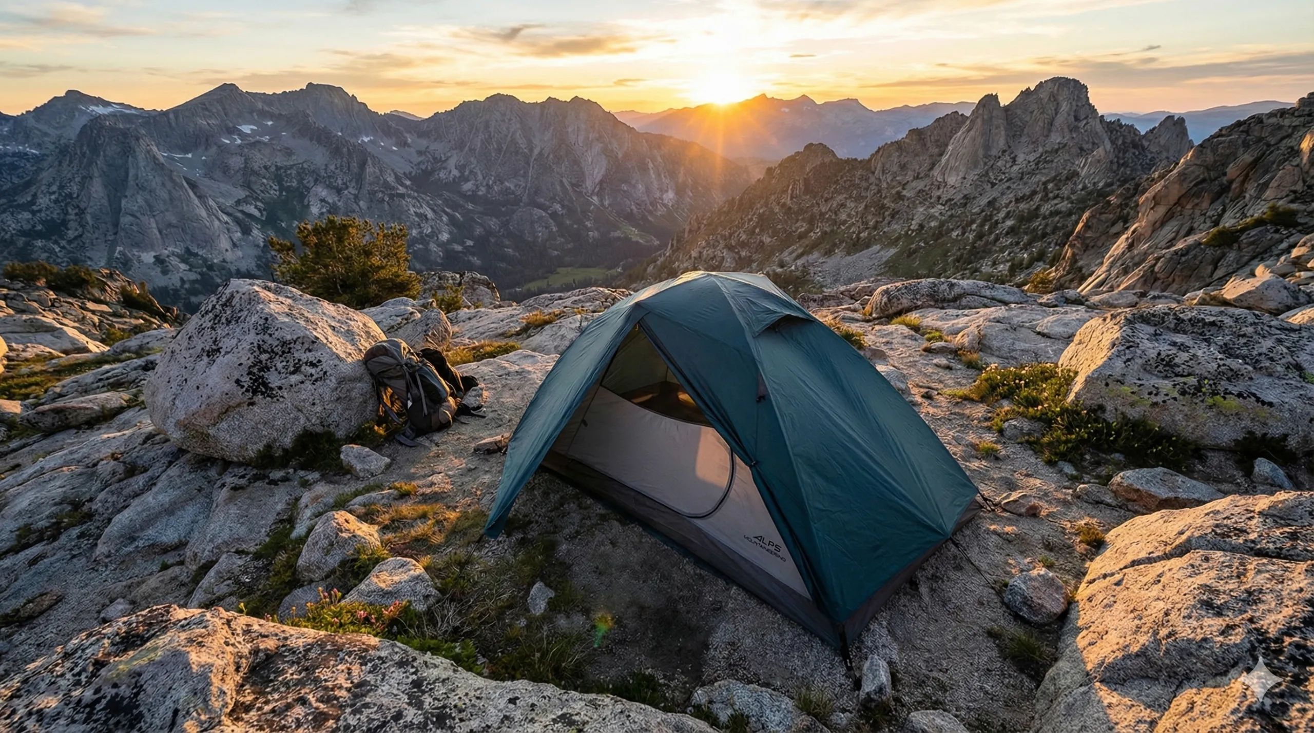 ALPS Mountaineering Lynx 1 tent pitched on a mountain at sunset.
