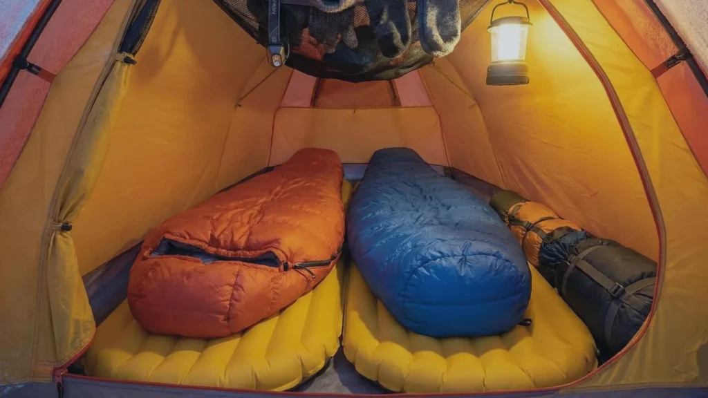 Interior view of the ALPS Mountaineering Tasmanian 2 tent showing sleeping pads and gear loft.