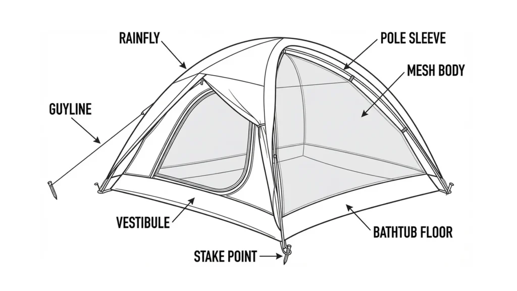 A technical diagram showing the different parts of best camping tents.