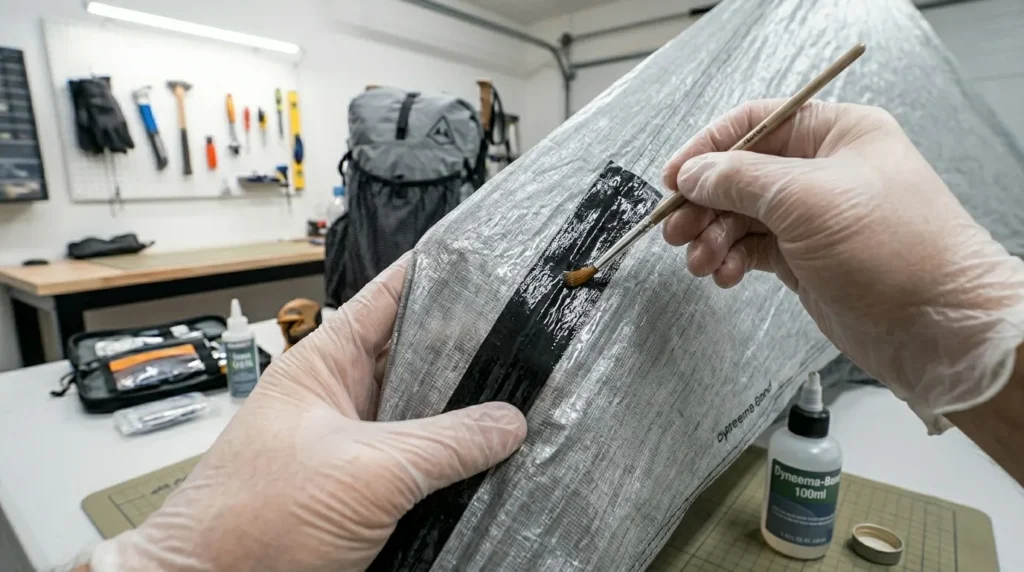 A person using a brush to apply seam sealer to a technical backpacking tent.
