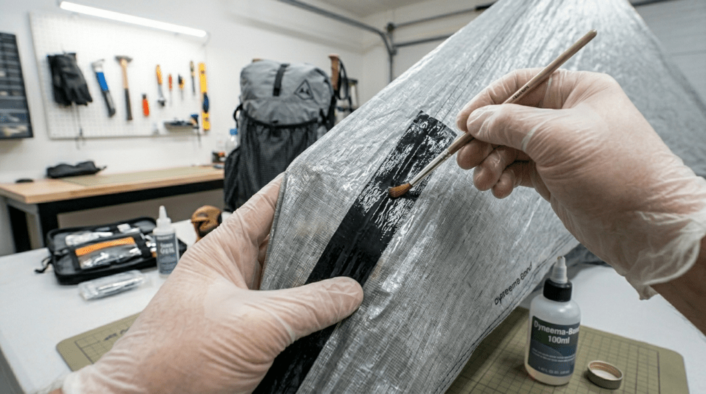 A person using a brush to apply seam sealer to a technical backpacking tent.