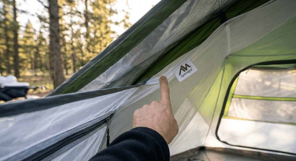 A close up view of the double layer design of the Ayamaya pop up tent showing the ventilation gap.