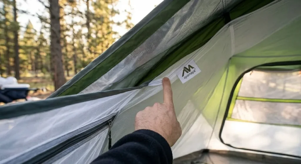 A close up view of the double layer design of the Ayamaya pop up tent showing the ventilation gap.