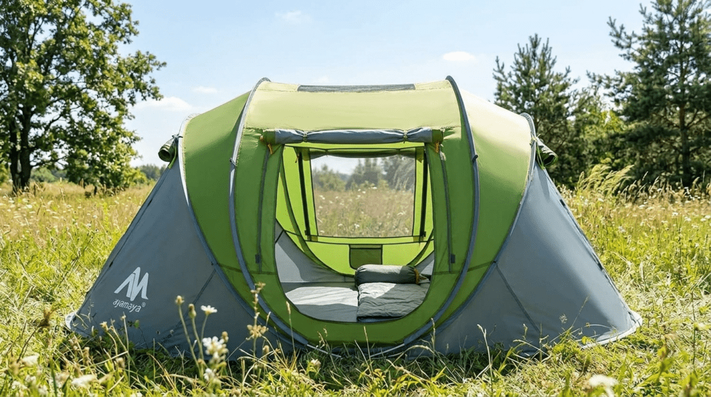 Open side windows and rear vent of an Ayamaya pop up tent showing the mesh inner layer for maximum ventilation.