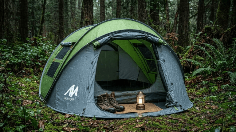 A forest green Ayamaya pop up tent set up in a rainy forest during a weather resistance test.