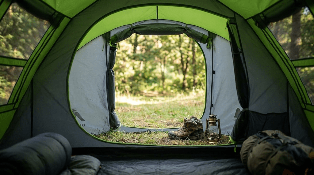 The interior view of an Ayamaya pop up tent vestibule showing storage for boots and camping gear.