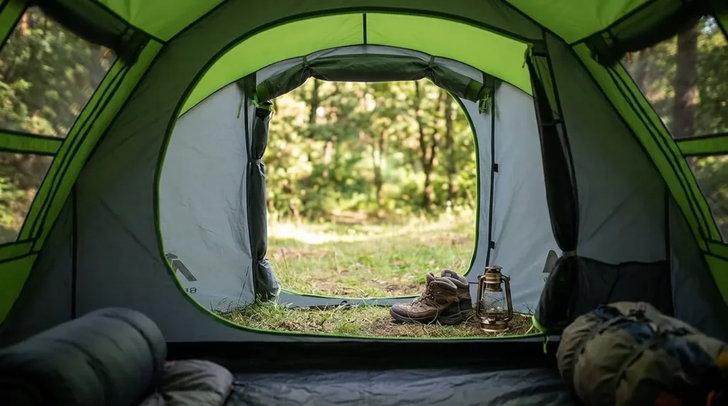 The interior view of an Ayamaya pop up tent vestibule showing storage for boots and camping gear.