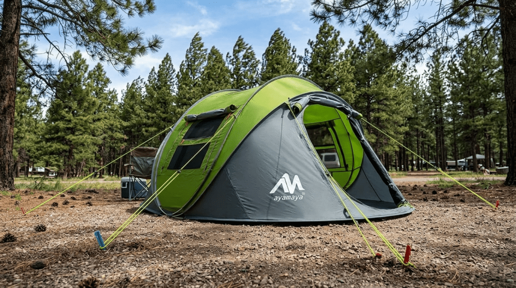 Ayamaya pop up tent anchored with tight guy lines and heavy duty stakes for wind stability.
