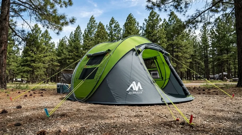 Ayamaya pop up tent anchored with tight guy lines and heavy duty stakes for wind stability.