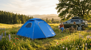 A high-quality best pop up tent pitched in a scenic meadow during a summer car camping trip.