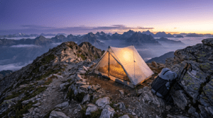 A high end ultralight backpacking tent pitched on a scenic mountain ridge at sunrise.