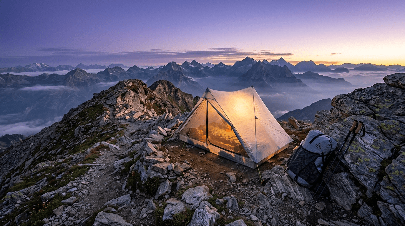 A high end ultralight backpacking tent pitched on a scenic mountain ridge at sunrise.