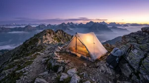 A high end ultralight backpacking tent pitched on a scenic mountain ridge at sunrise.