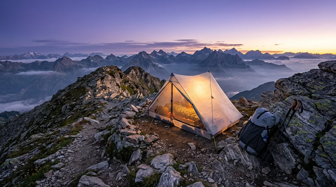 A high end ultralight backpacking tent pitched on a scenic mountain ridge at sunrise.
