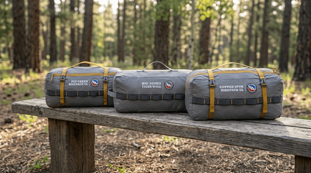 A comparison of the Big Agnes Tiger Wall: Fly Creek: and Copper Spur Bikepack tents in their specialized stuff sacks.