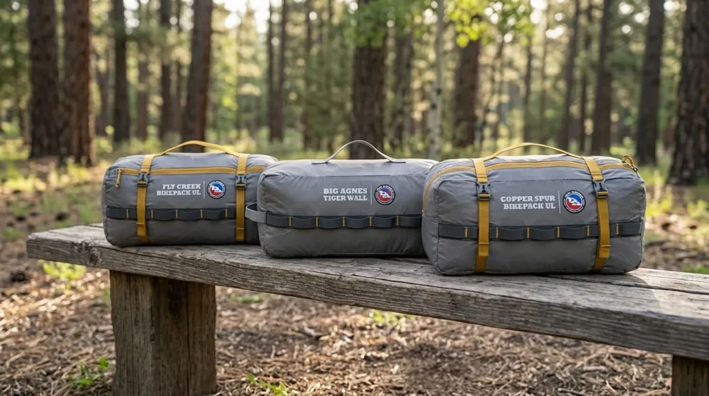 A comparison of the Big Agnes Tiger Wall: Fly Creek: and Copper Spur Bikepack tents in their specialized stuff sacks.