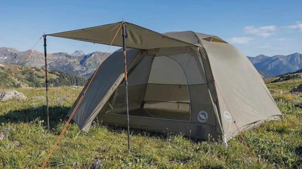 Big Agnes Copper Spur HV UL 3 vestibule converted into an awning using trekking poles.