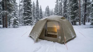 Big Agnes Copper Spur HV UL 3 tent pitched in a winter forest campsite.