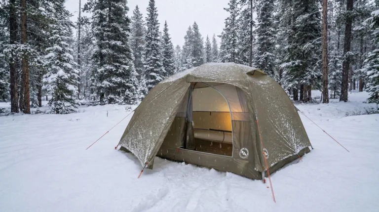 Big Agnes Copper Spur HV UL 3 tent pitched in a winter forest campsite.