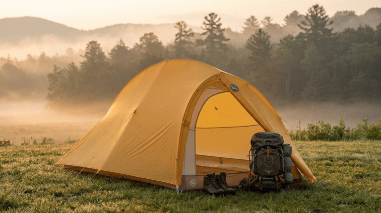 A Big Agnes Fly Creek HV UL2 Bikepack tent set up in a mountain clearing at sunrise.