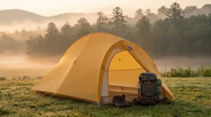 A Big Agnes Fly Creek HV UL2 Bikepack tent set up in a mountain clearing at sunrise.