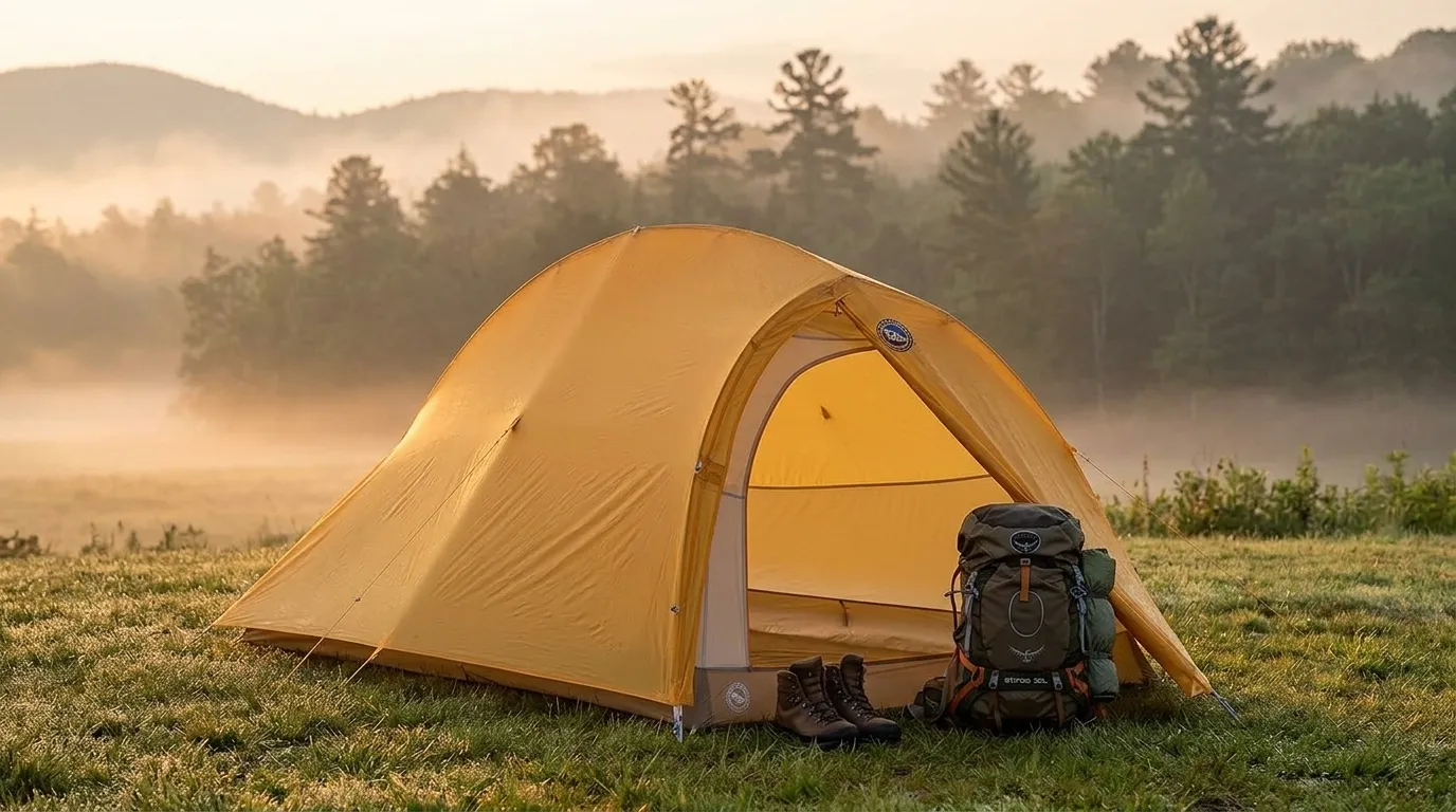 A Big Agnes Fly Creek HV UL2 Bikepack tent set up in a mountain clearing at sunrise.