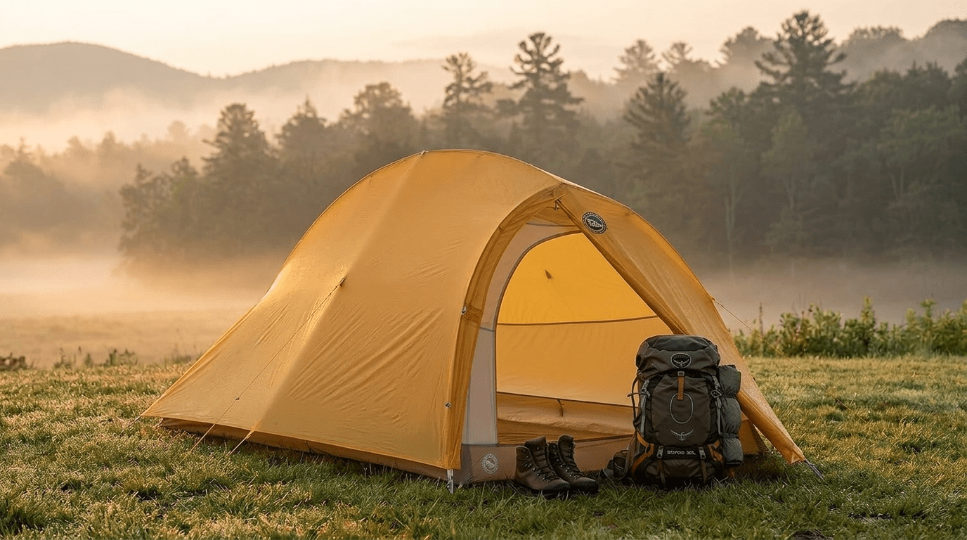 A Big Agnes Fly Creek HV UL2 Bikepack tent set up in a mountain clearing at sunrise.