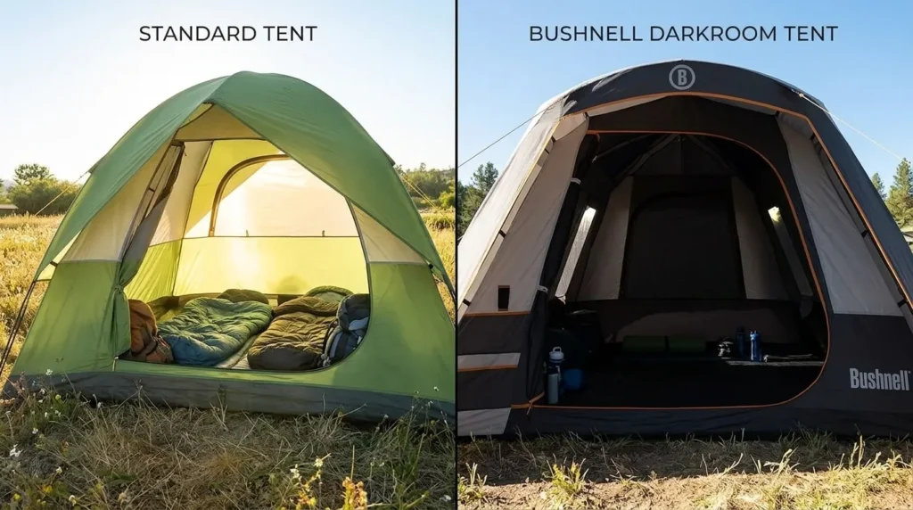A comparison showing the effectiveness of the Bushnell heat shield coating in blocking out light and heat.