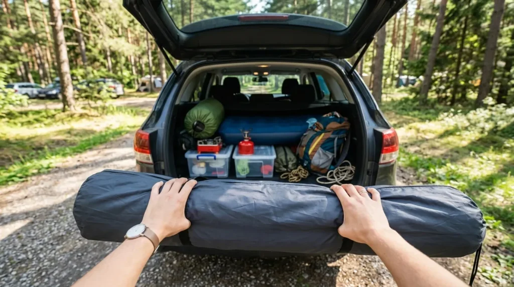 A person demonstrating the size and weight of the Bushnell instant tent carry bag while packing a car.