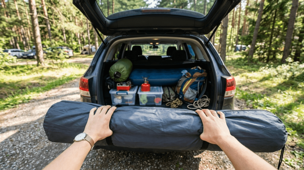 A person demonstrating the size and weight of the Bushnell instant tent carry bag while packing a car.