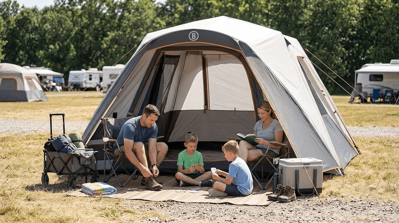A gray Bushnell instant tent for 6 person set up at a sunny family campsite.