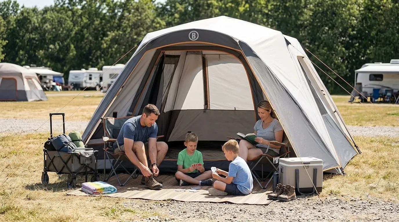 A gray Bushnell instant tent for 6 person set up at a sunny family campsite.