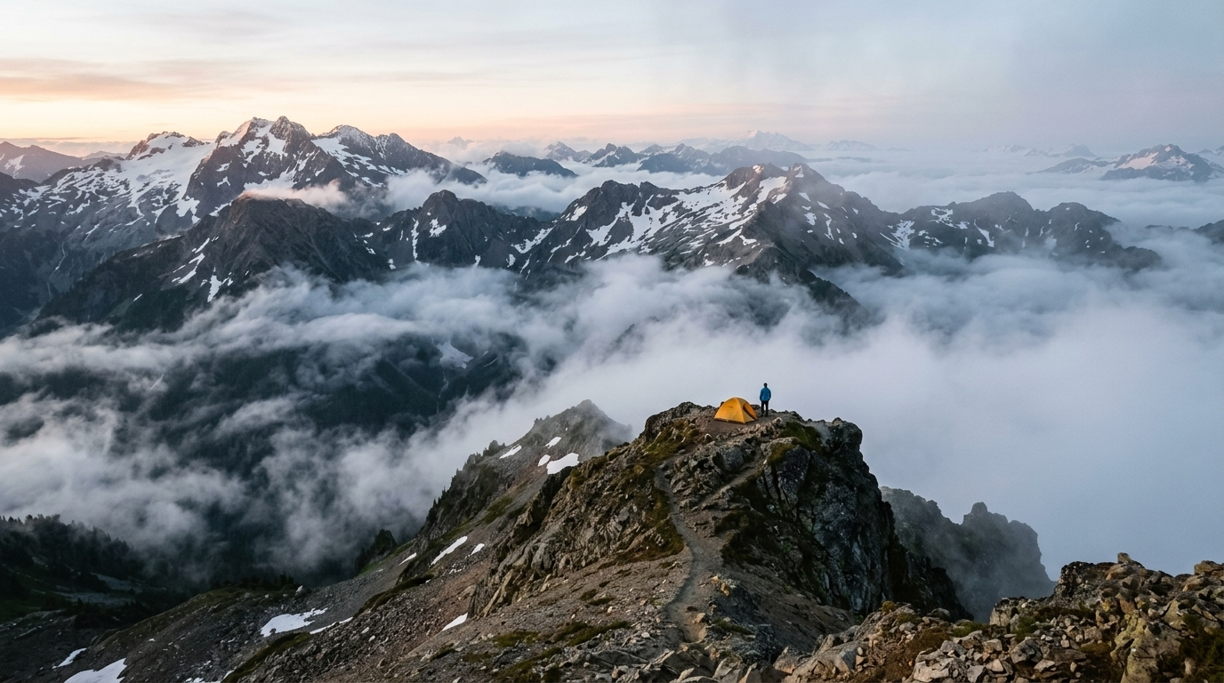 A lone tent on a mountain ridge representing the inherent risks of outdoor exploration.