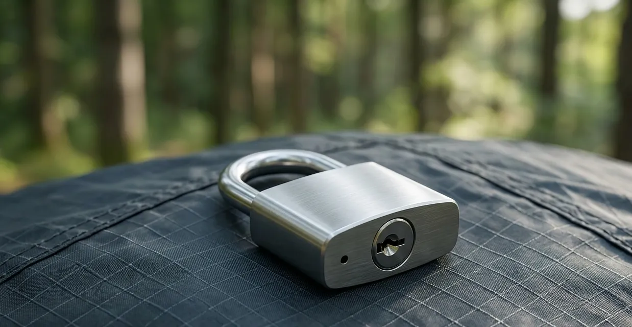 A padlock on tent fabric representing the privacy policy and data security of Camped Too Hard.