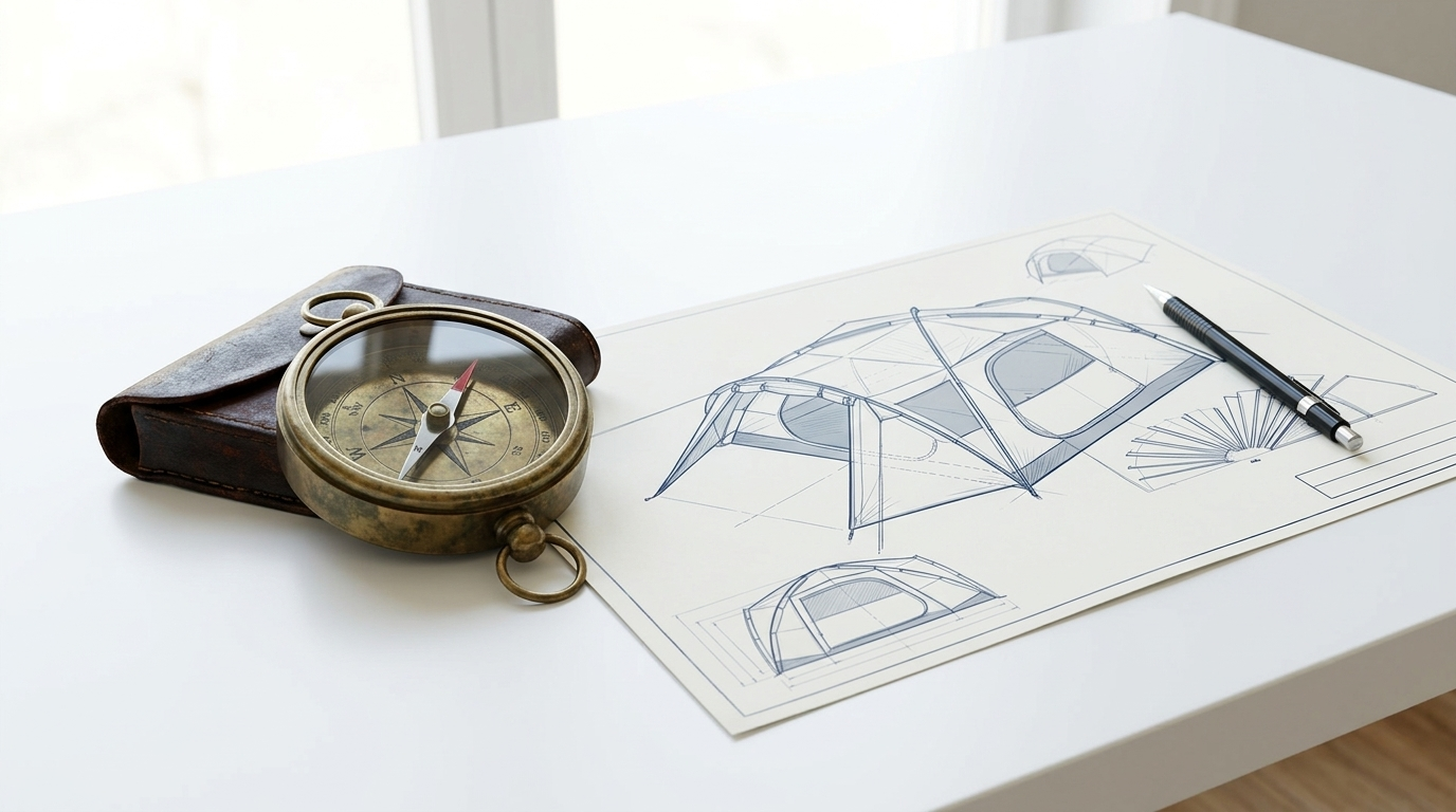 A compass and gear plans representing the terms and conditions of Camped Too Hard.