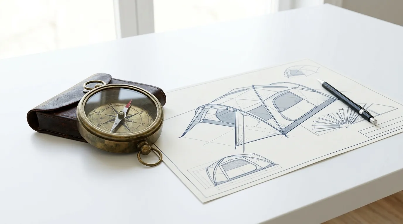A compass and gear plans representing the terms and conditions of Camped Too Hard.