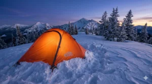 Camppal 1 Person Tent pitched on a snowy mountain ridge.