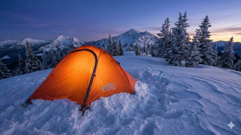 Camppal 1 Person Tent pitched on a snowy mountain ridge.