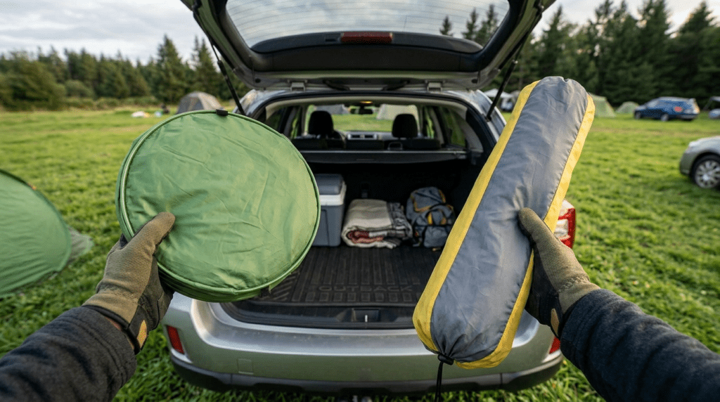 A comparison of a circular pop up tent and a cylindrical instant tent being packed into a car trunk.