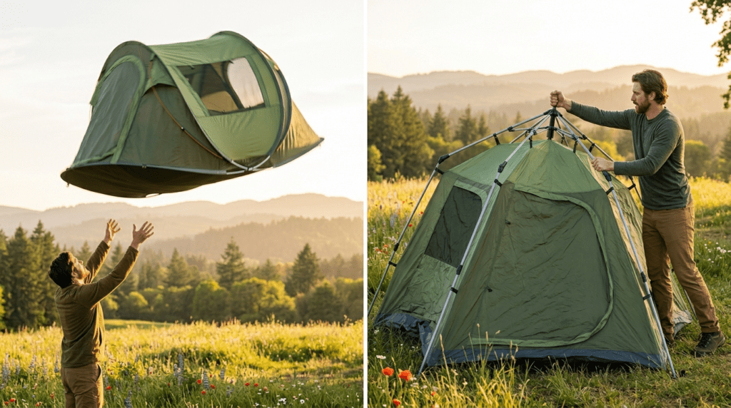 A comparison showing the two main types of best pop up tent mechanisms including a throw tent and a hydraulic hub tent.